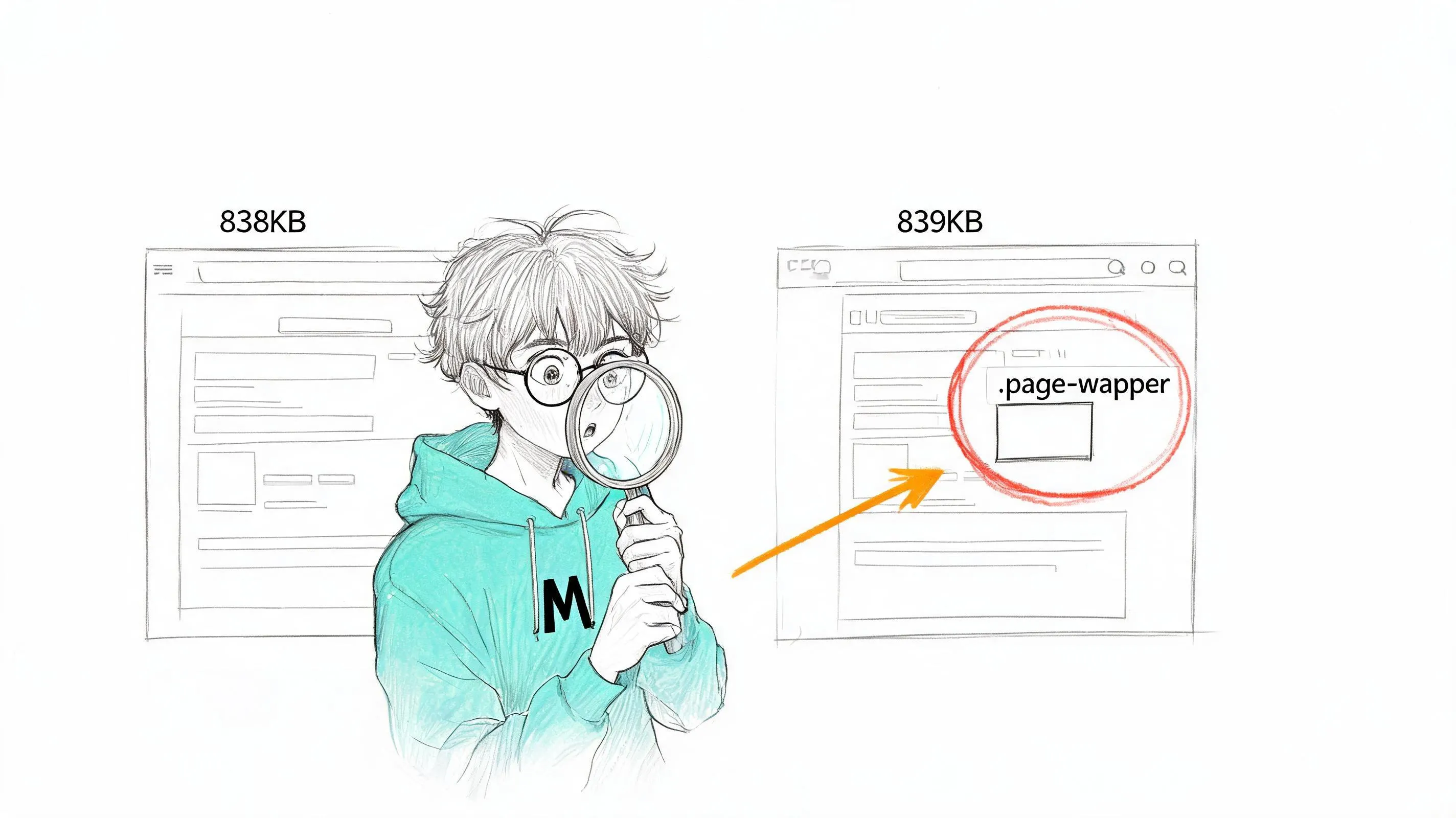 两张截图仅差 1KB，放大镜揭示 .page-wrapper 差异