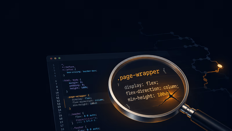 放大镜聚焦 CSS 代码中的 .page-wrapper bug