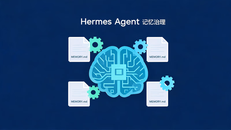 Hermes Agent 记忆治理——深蓝背景,芯片大脑周围环绕 MEMORY.md 文件和齿轮图标
